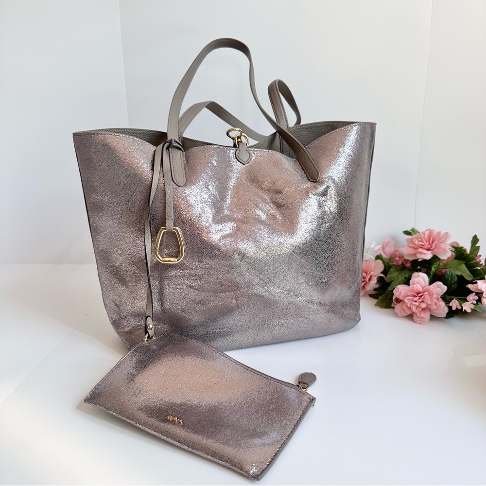 LAUREN Ralph Lauren MERRIMACK Taupe/Gun Metal Vegan Leather Reversible Tote Bag